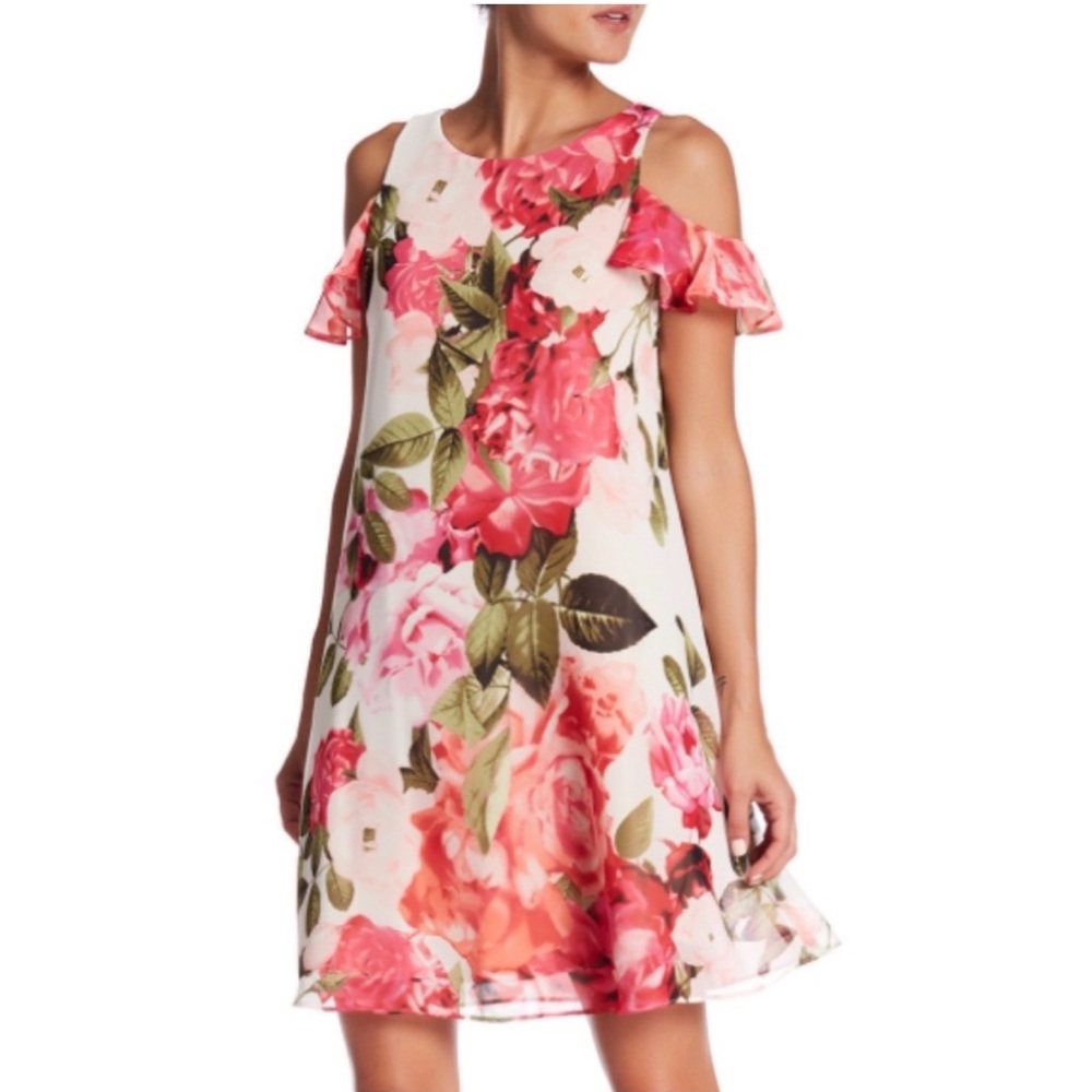 Eliza J Cold-Shoulder Floral Blouse in Pink & Green Size 8